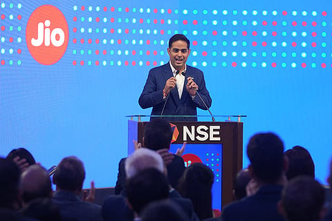 Akash Ambani, chairman of Reliance Jio Infocomm Ltd., delivers a speech during the initial public offering (IPO) listing ceremony of Reliance Industries' Jio Platforms at the National Stock Exchange (NSE) in Mumbai, India, Wednesday, Oct. 28, 2026.