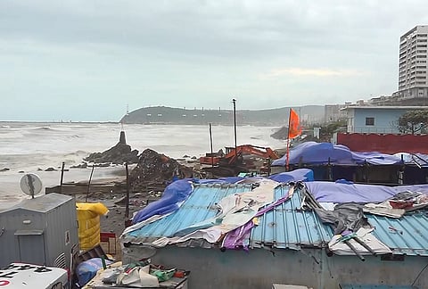 Waves crash at the shore amid strong winds during Cyclone Arnab's landfall, in Visakhapatnam, Andhra Pradesh, Wednesday, Oct. 28, 2026. 