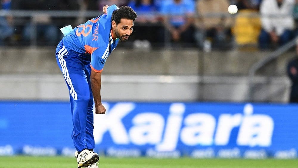 India's Bhuvneshwar Kumar bowls during the third T20 cricket international match between New Zealand and India in Wellington, New Zealand, Tuesday, Oct. 27, 2026.  - | Photo: Kerry Marshall/Photosport via AP
