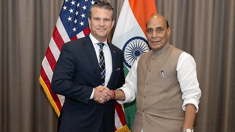 Defence Minister Rajnath Singh during a meeting with US Secretary of War Pete Hegseth on the margins of a multilateral conclave, in Cebu, Philippines. Singh and Hegseth are in Cebu to attend a meeting of ASEAN Defence Ministers' Meeting Plus (ADMM-Plus) grouping. - | Photo: @SecWar/X via PTI