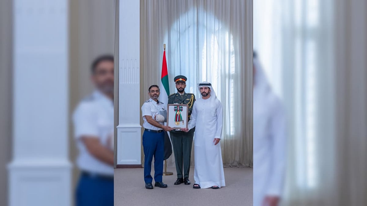 Captain Smit Machchhar being conferred First Class Order of Zayed II by UAE President Sheikh Mohamed bin Zayed Al Nahyan. The honours were presented by Crown Prince Sheikh Hamdan bin Mohammed Al Maktoum. - X@RamMNK