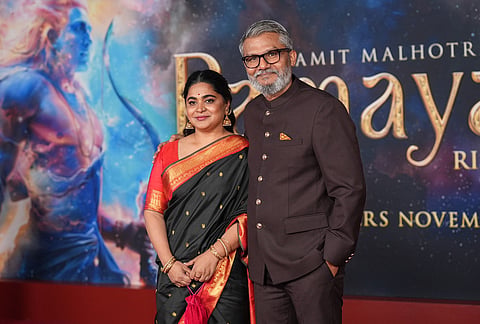 Ashwiny Iyer Tiwari, left, and Nitesh Tiwari arrive at the premiere of "Ramayana" on Tuesday, Oct. 27, 2026, at the Academy Museum of Motion Pictures in Los Angeles. 
