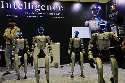 Humanoid robots are displayed at the Legend Robotics stand at the Dubai AI Festival in Dubai, United Arab Emirates, Tuesday, Oct. 27, 2026.