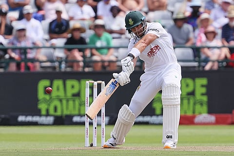 South Africa's Aiden Markram plays a shot on day one of the third cricket test match between South Africa and Australia in Cape Town, South Africa, Tuesday, Oct. 27, 2026.