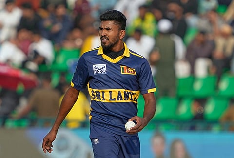 Sri Lanka's Dilshan Madushanka prepares to bowl during the tri-series one-day international cricket match between Pakistan and Sri Lanka, in Lahore, Pakistan, Tuesday, Oct. 27, 2026. 
