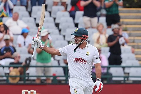 South Africa's David Bedingham celebrates his fifty on day one of the third cricket test match between South Africa and Australia in Cape Town, South Africa, Tuesday, Oct. 27, 2026.