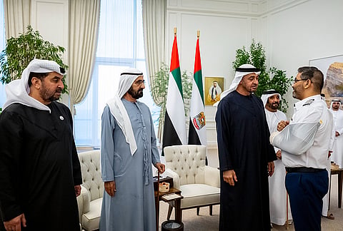 President of the United Arab Emirates (UAE) Mohamed bin Zayed Al Nahyan, Prime Minister Mohammed bin Rashid Al Maktoum and others meet the flydubai crew members, including Indian Captain Smit Machchhar who got injured in an attack by his co-pilot on a flydubai plane, in Dubai. 