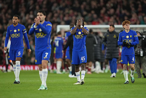 Chelsea players walks off the pitch after the fourth-round English Football League Cup soccer match between Liverpool and Chelsea in Liverpool, England, Wednesday, Oct. 28, 2026. 