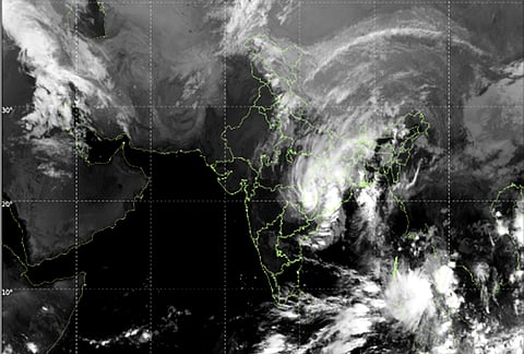 This satellite image captured on Oct. 29, 2026 shows the location of Cyclone Arnab, taken at 0730-0757 IST. Trees and electric poles were uprooted, landslides were reported, and roads were flooded as heavy rain and strong winds, triggered by cyclone Arnab, battered southern Odisha on Wednesday, officials said. 
