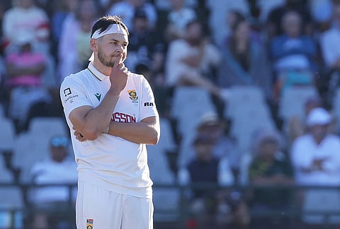 South Africa's Gerald Coetzee reacts after bowls a delivery on day two of the third cricket test match between South Africa and Australia, in Cape Town, South Africa, Wednesday, Oct. 28, 2026. 