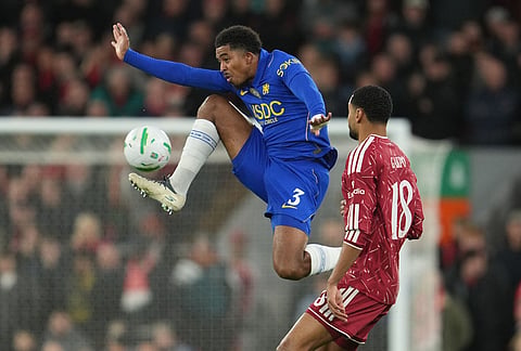 Chelsea's Wesley Fofana gets the ball in front of Liverpool's Cody Gakpo during the fourth-round English Football League Cup soccer match between Liverpool and Chelsea in Liverpool, England, Wednesday, Oct. 28, 2026. 