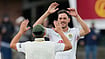Themba Hadebe/AP Photo : South Africa's Marco Jansen, right, celebrates with teammate the last wicket of Australia's Josh Hazlewood as South Africa wins the second cricket test match between South Africa and Australia on fay five, in Gqeberha.