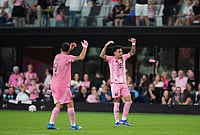 | Photo: AP/Rebecca Blackwell : Inter Miami forward Riquelme, right, celebrates after scoring his side's second goal, during the second half of an MLS soccer match against FC Cincinnati, Wednesday, Oct. 28, 2026, in Miami. 
