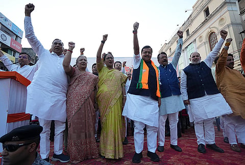 BJP National President Nitin Nabin along with Delhi Chief Minister Rekha Gupta, Delhi BJP President Harsh Malhotra, and other party leaders during the 'Loktantra Bachao, Arajakta Hatao' protest march, at Chandni Chowk, in New Delhi, Wednesday, Oct. 28, 2026. 
