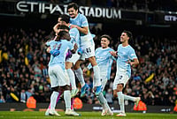 | Photo: AP/Dave Thompson : Manchester City players celebrate at the end of the English League Cup soccer match between Manchester City and Brighton and Hove Albion in Manchester, England, Wednesday, Oct. 28, 2026. 