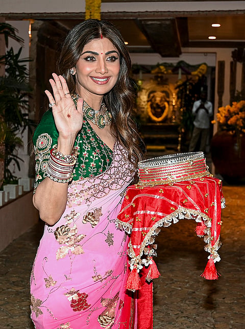 Bollywood actor Shilpa Shetty Kundra during an event to celebrate ‘Karva Chauth’ festival at actor Anil Kapoor’s residence, in Mumbai, Maharashtra, Thursday, Oct. 29, 2026. 
