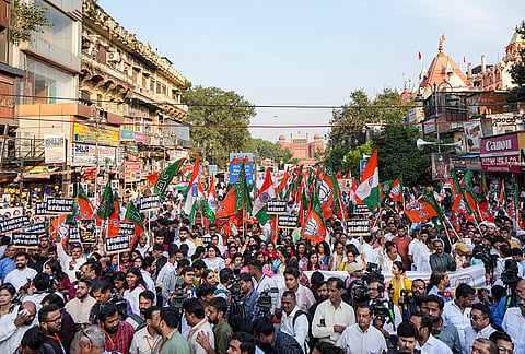 BJP workers during the 'Loktantra Bachao, Arajakta Hatao' march from Gauri Shankar Temple to Town Hall Chowk in Chandni Chowk, in New Delhi, Wednesday, Oct. 28, 2026. 
