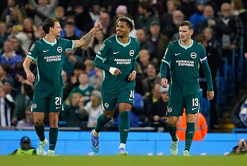 Brighton's Georginio Rutter celebrates after scoring his side's second goal during the English League Cup soccer match between Manchester City and Brighton and Hove Albion in Manchester, England, Wednesday, Oct. 28, 2026. 