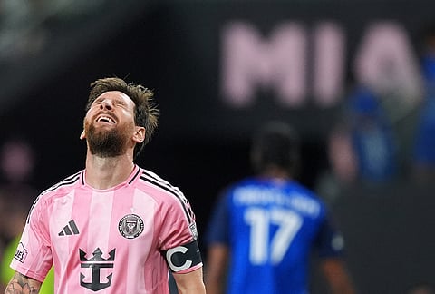 Inter Miami forward Lionel Messi (10) reacts following an unsuccessful scoring drive during the second half of an MLS soccer match against FC Cincinnati, Wednesday, Oct. 28, 2026, in Miami. 