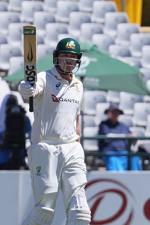 Australia's Matt Renshaw celebrates his fifty on day two of the third cricket test match between South Africa and Australia, in Cape Town, South Africa, Wednesday, Oct. 28, 2026. 