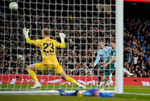 Manchester City's Rico Lewis misses a chance to score during the English League Cup soccer match between Manchester City and Brighton and Hove Albion in Manchester, England, Wednesday, Oct. 28, 2026.
