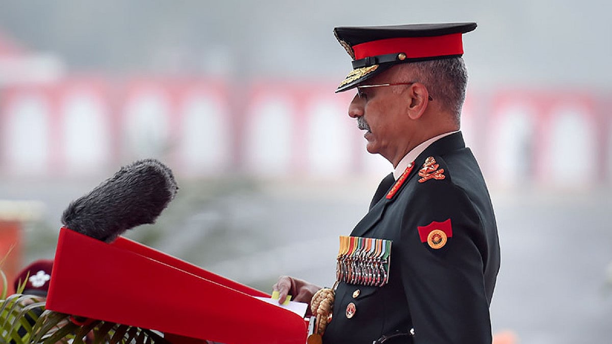 Gen Naravane delivers an address at the Army Day Parade. 