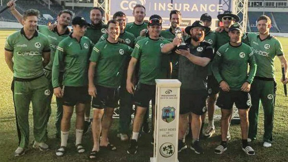 Ireland players celebrate their series victory over West Indies on Sunday.  