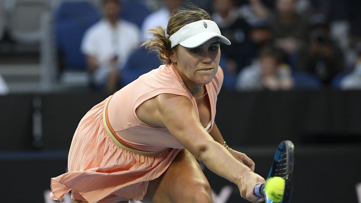 US’ Sofia Kenin plays a backhand return to compatriot Madison Keys at Australian Open 2022.