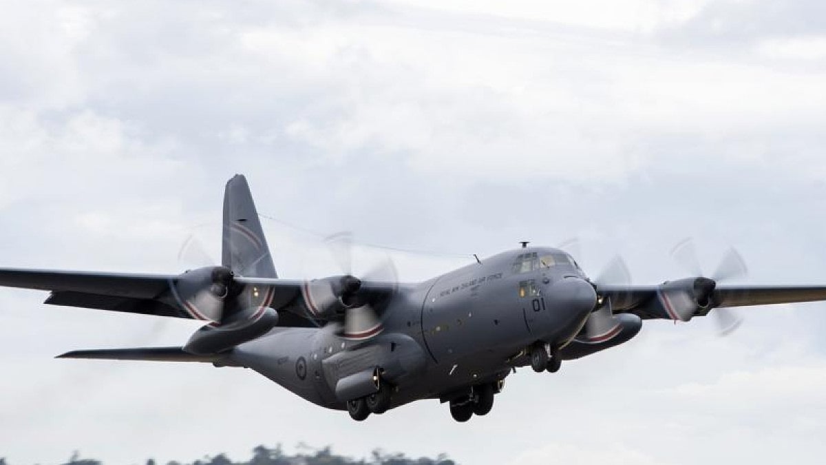   Royal New Zealand Air Force C-130 Hercules leaves an airbase in Auckland for Tonga. 