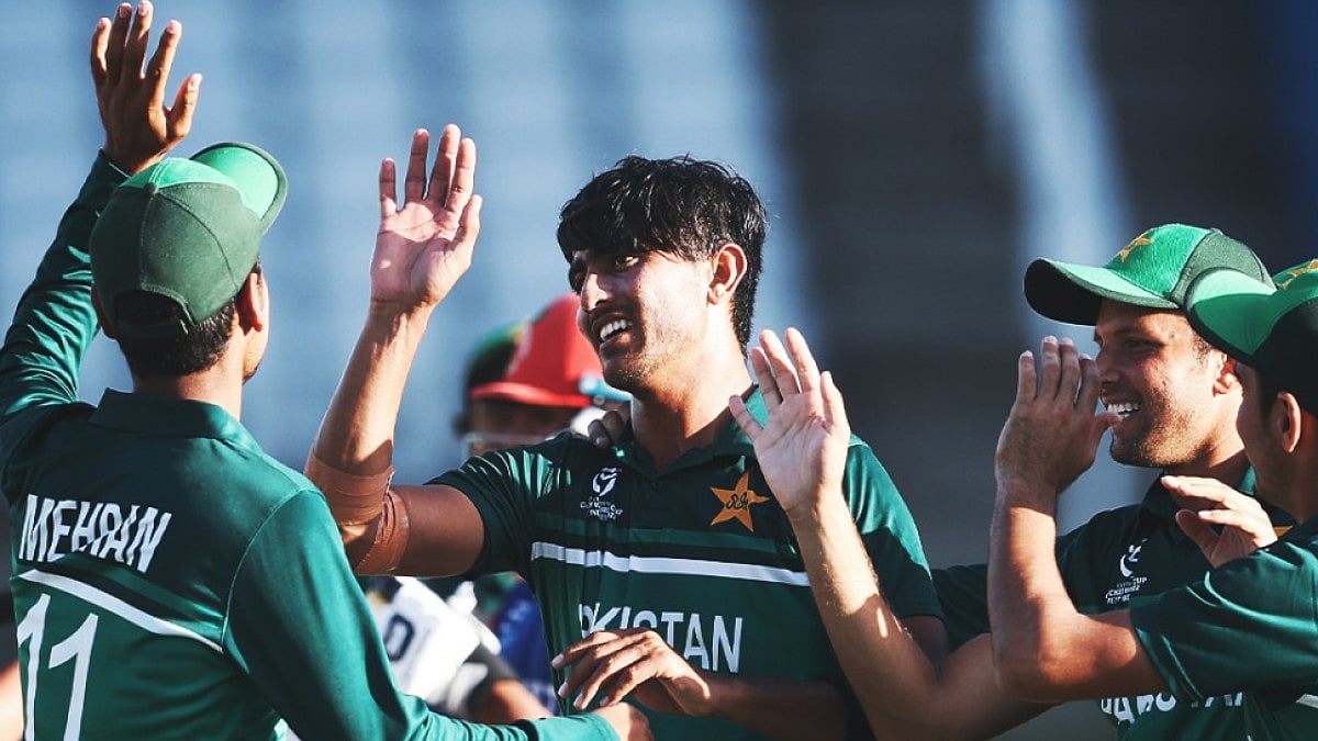 Pakistan players celebrate a fall of an Afghanistan wicket during their ICC U-19 World Cup 2022.
