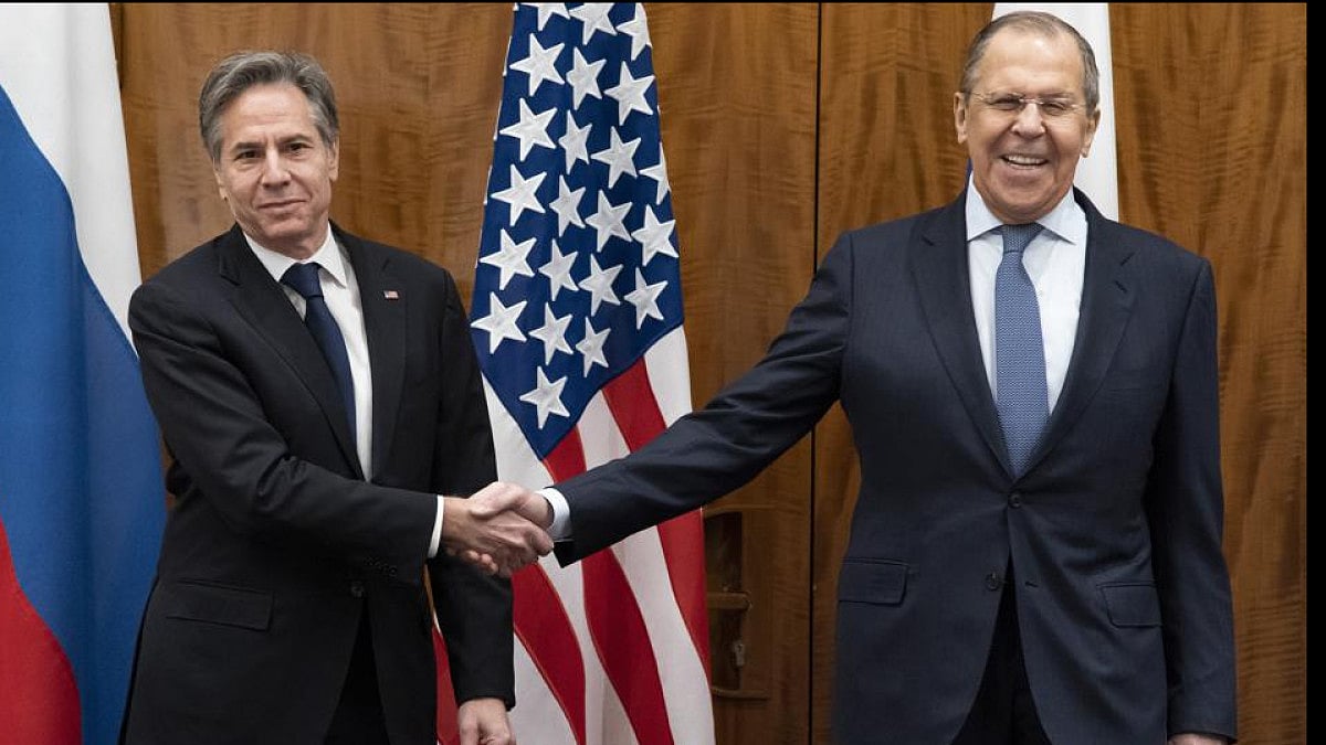 US Secretary of State Antony Blinken, left, shakes hands with Russian Foreign Minister Sergey Lavrov