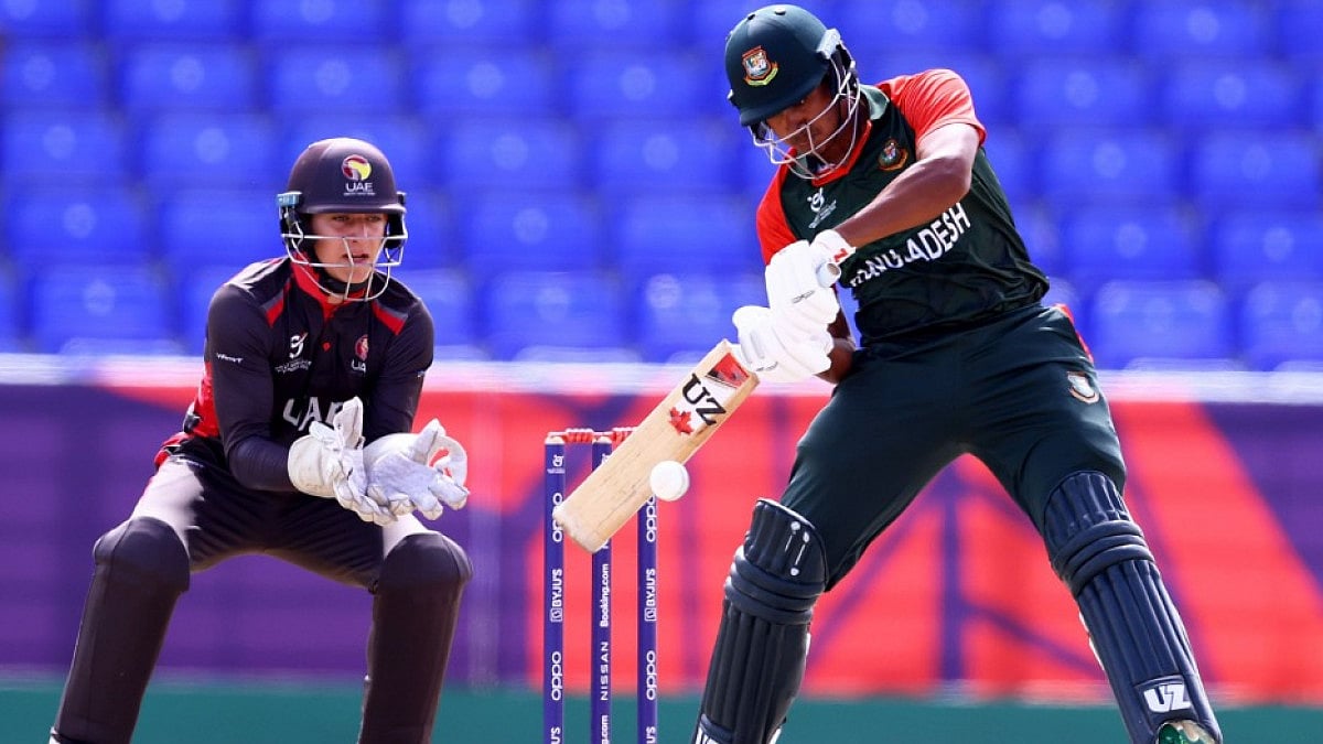 Bangladesh's Mahfijul Islam plays a shot against UAE in their ICC U-19 Men's World Cup 2022 match .