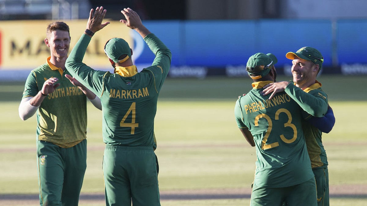 South African cricketers celebrate beating India by four runs in the third and final ODI.