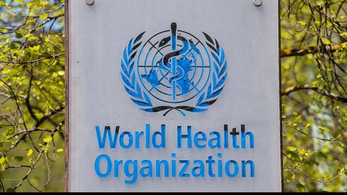 The logo and building of the WHO headquarters in Geneva, Switzerland.