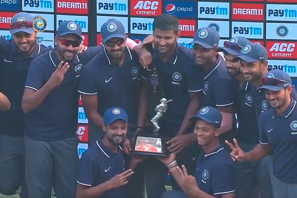 India B Lift Deodhar Trophy On Back Of Kedar Jadhav, Shahbaz Nadeem