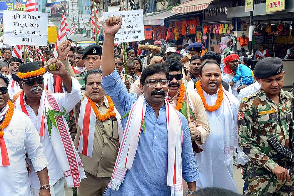 In this file photo, Jharkhand Mukti Morcha (JMM) Working President Hemant Soren takes part in a tribals rally during Worlds Indigenous Peoples Day, in Ranchi. (PTI)