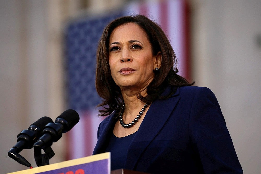 US Vice President Kamala Harris makes remarks before a moderated conversation with former Trump administration national security official Olivia Troye and former Republican voter Amanda Stratton on July 17, 2024 in Kalamazoo, Michigan. 