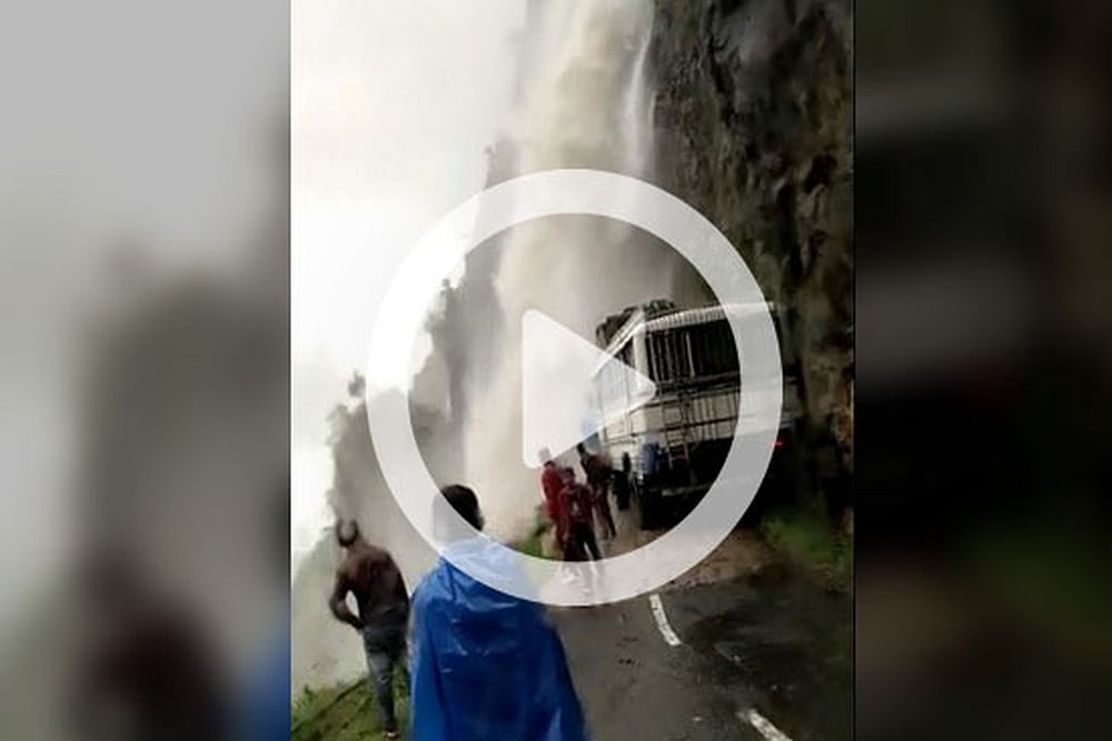 Watch: Temporary Waterfall Blocks Road In Meghalaya