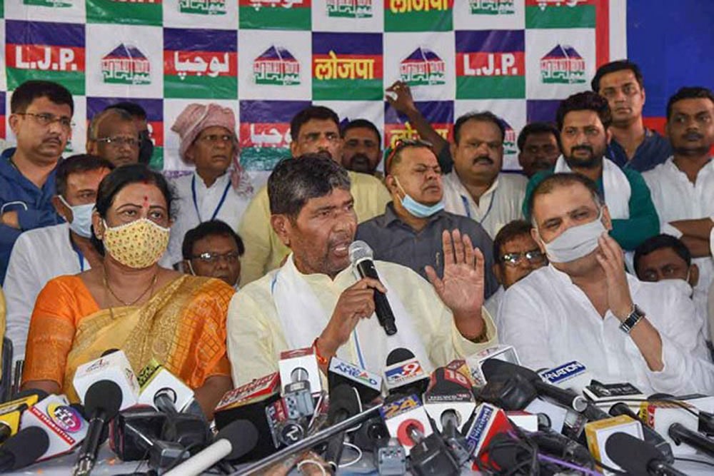LJP MP Pashupati Kumar Paras addresses a press conference at party office in Patna.