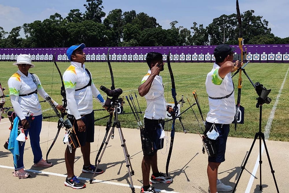 Indian archery team during a practice session in Tokyo.
