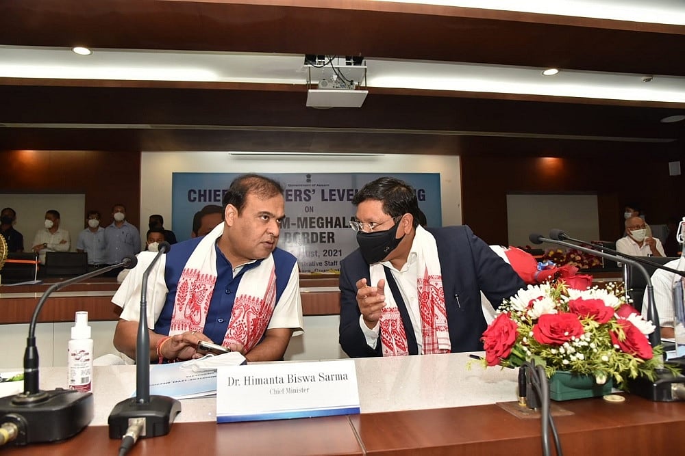 Assam Chief Minister Himanta Biswa Sarma and his Meghalaya counterpart Conrad K Sangma at the chief ministers level meeting in Guwahati on Friday 