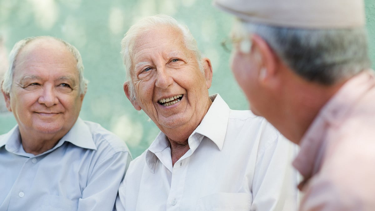 Group of happy elderly men laughing and talking - null