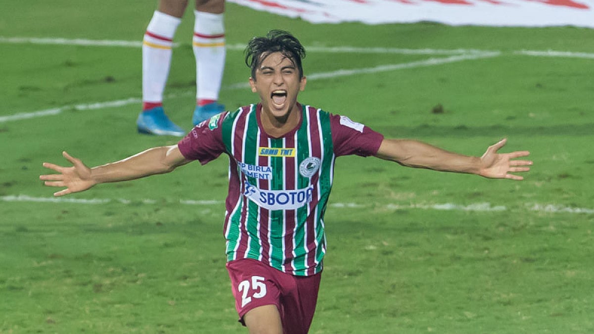 ATK Mohun Bagan's Kiyan Nassiri celebrates after scoring a goal against East Bengal