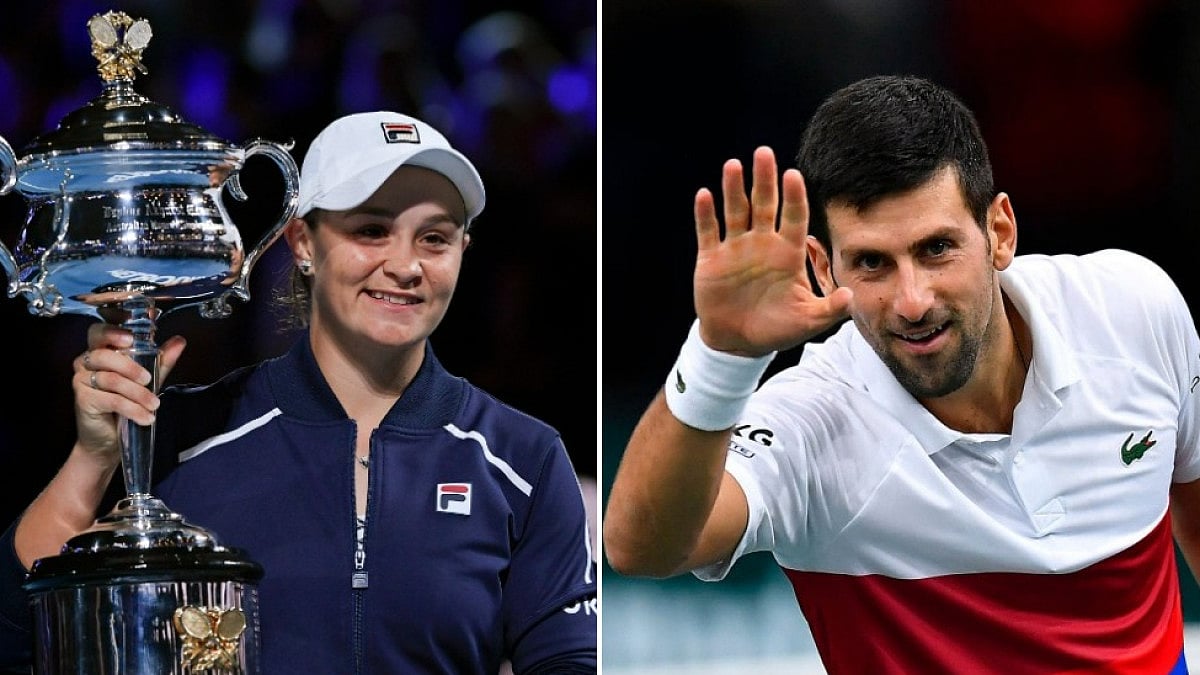 Novak Djokovic (R) didn't defend his Australian Open title after his visa was cancelled twice.