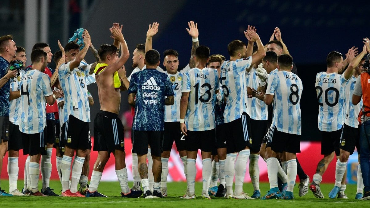Argentina players celebrate their win over Colombia in FIFA World Cup South American Qualifiers. 