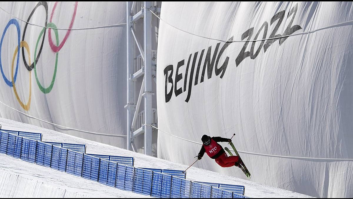 A skier trains on the half-pipe ahead of the 2022 Winter Olympics in Zhangjiakou, China.