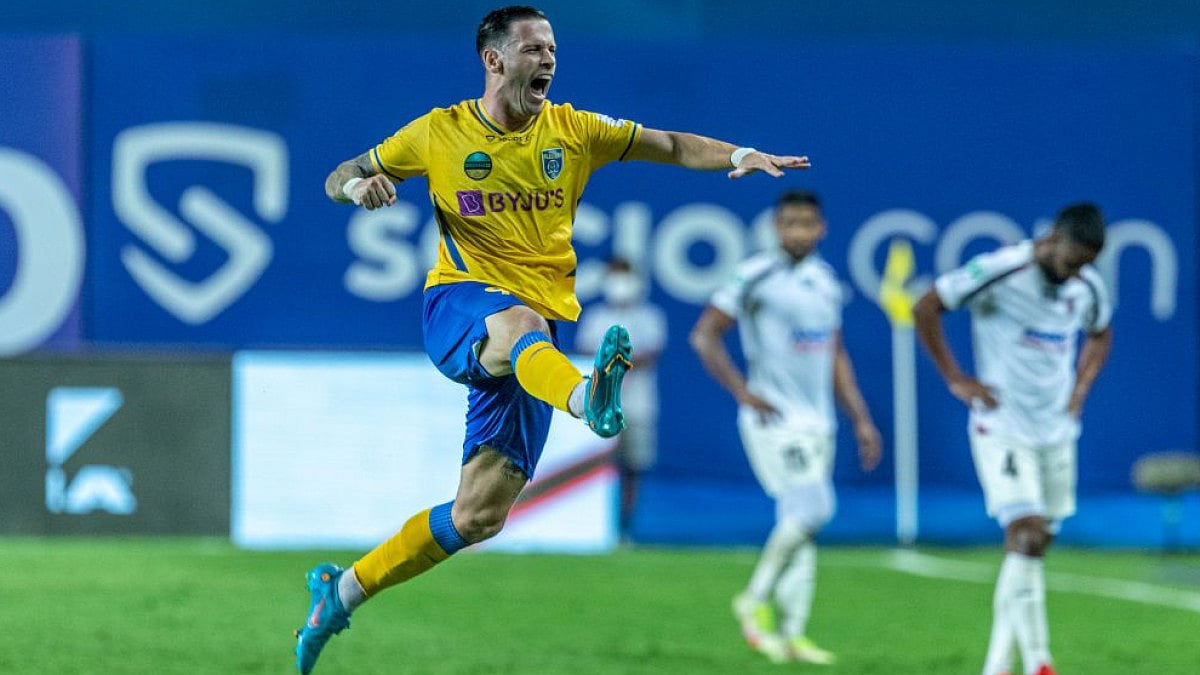 Kerala Blasters’ Alvaro Vazquez doubles the lead against NorthEast United in ISL match on Friday.