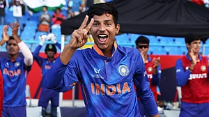 Captain Yash Dhull celebrates after India won the ICC U-19 World Cup beating England in the final.
