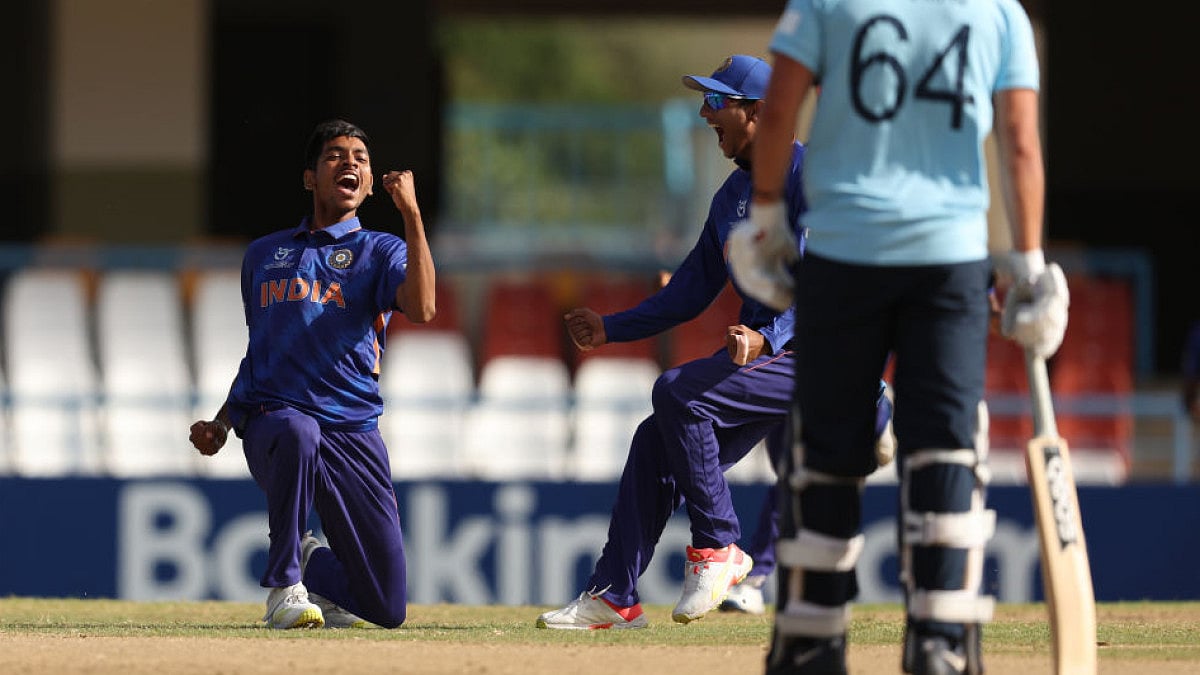 India's Ravi Kumar celebrates after taking an England wicket in the ICC U-19 Men's World Cup final. 