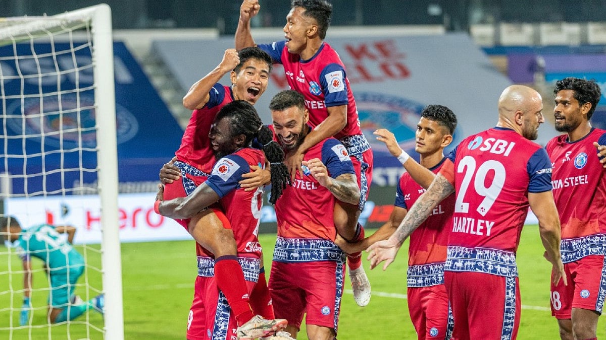 Jamshedpur FC's Daniel Chima Chukwu celebrates his goal against Kerala Blasters in ISL 2021-22.  